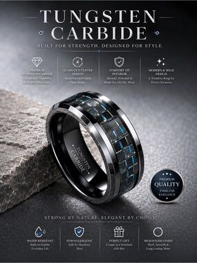 Tungsten Carbide Black Ring with Blue Glass-Cut Center | Comfort Fit
